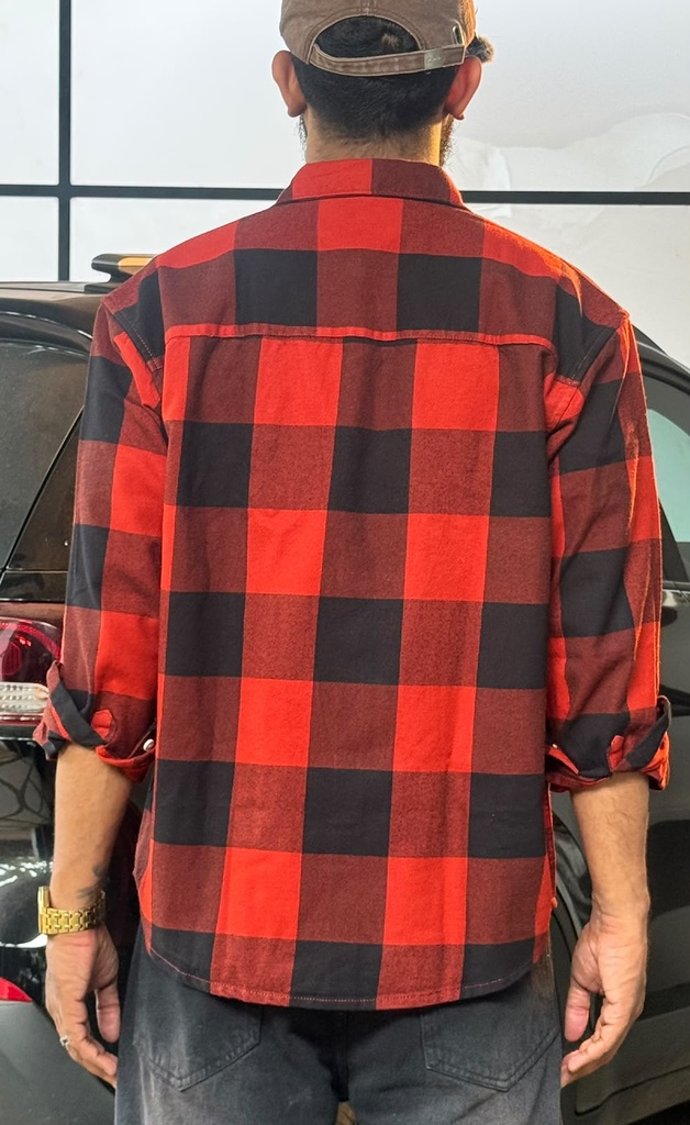 Chrome patch red black denim feel shirt