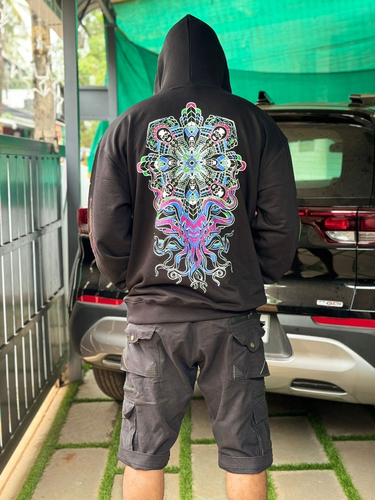 Psychedelic Hoodie Octopus Design UV glow.