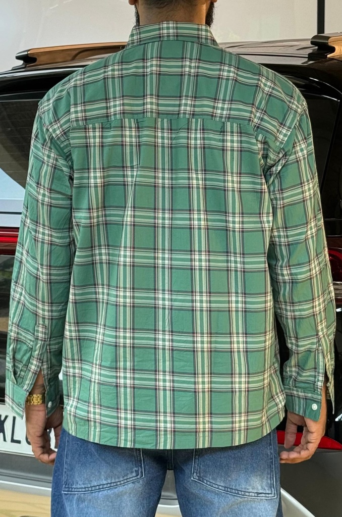 Light green, white check shirt