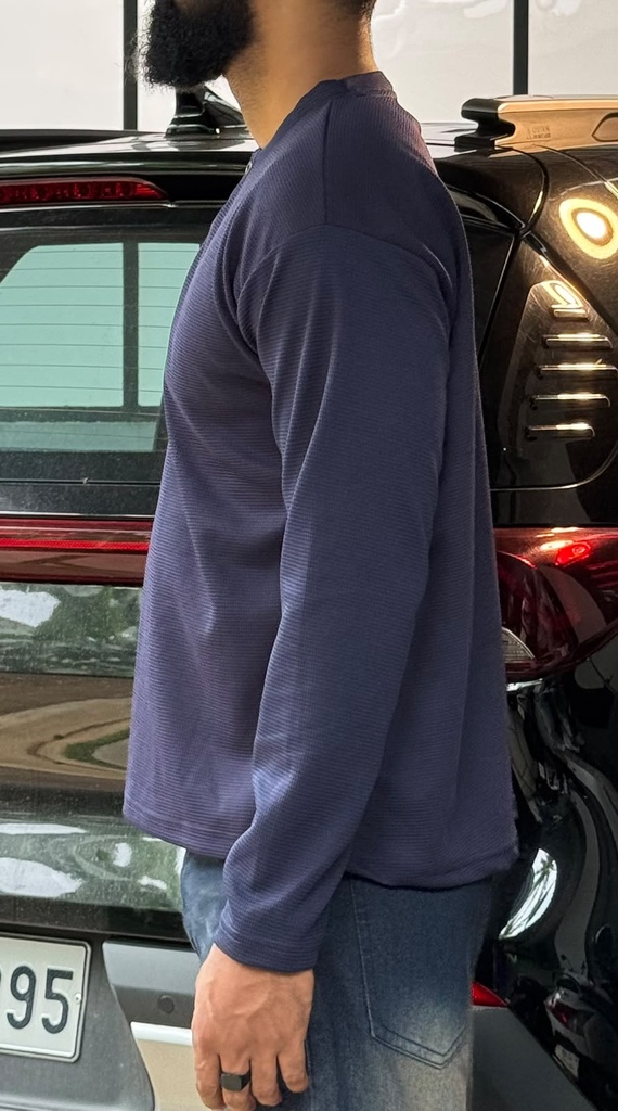 polyester Navy Blue waffle knit Henley