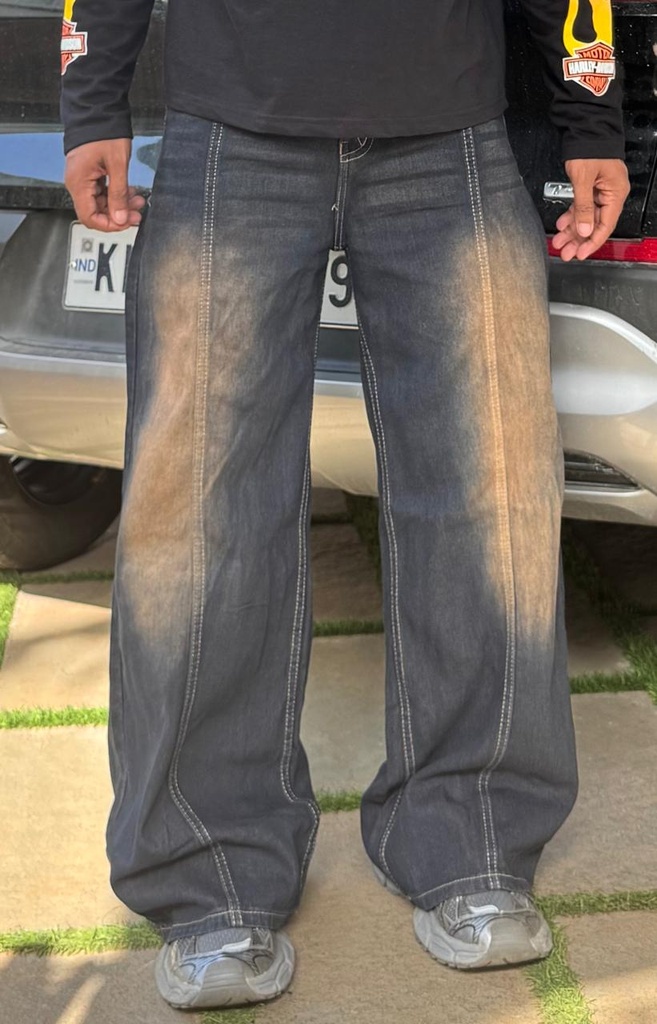 13in wideleg line whisker baggy jeans Black n Brown