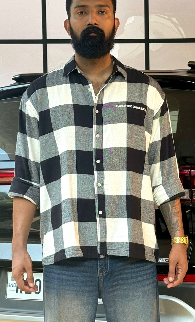 Black and white fullsleeve Flannel boxy Shirt