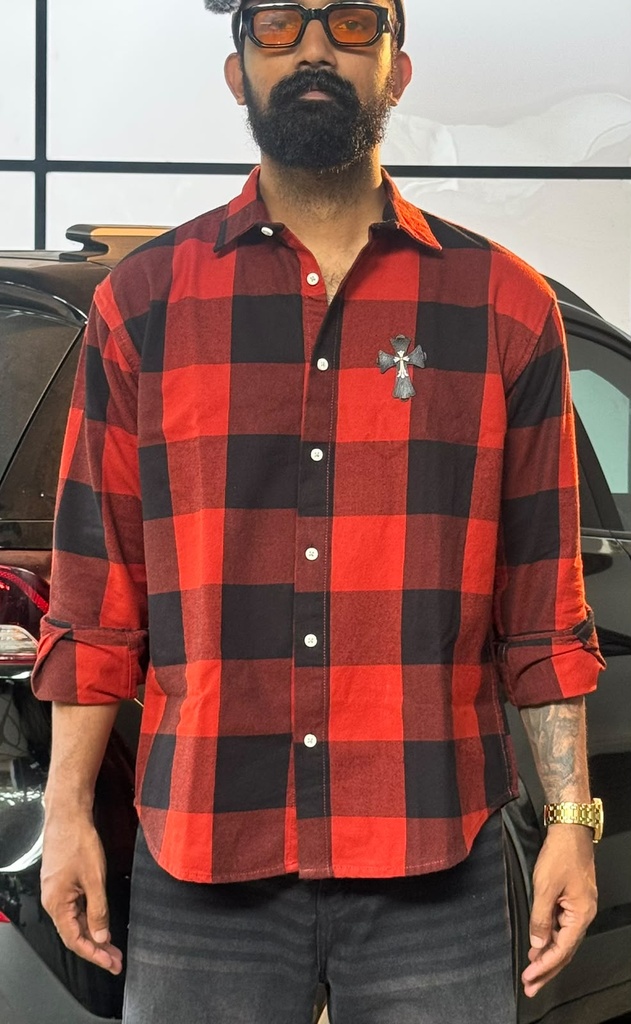 Chrome patch Denim shirt red and black check