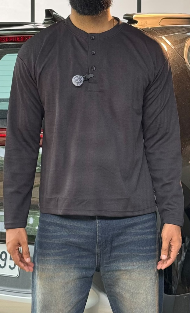 polyester Black waffle knit Henley
