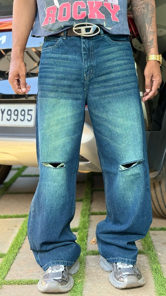 Blue and ~Green~ fade baggy jeans knee patch