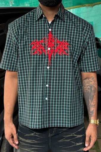 Embroidery Green check shirts - boxy fit (cotton)