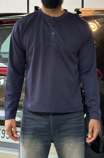 polyester Navy Blue waffle knit Henley